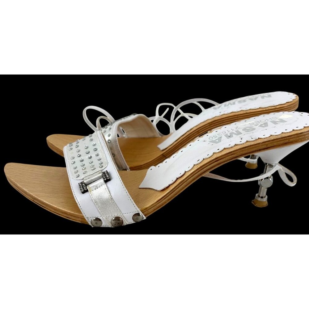White Nasma Womens Rhinestone Studded Heeled Sandals Size 9.5 - Picture 6 of 13